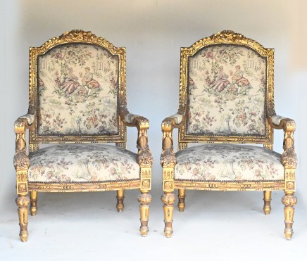 French Arm Chairs Gilt Seats Empire Hand Carved