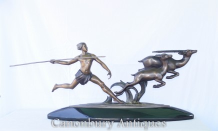 French Bronze Art Deco Hunter Statue Gazelle Figurine by Alex Kelety