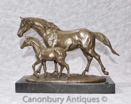 French Bronze Horse and Foal Statue Figurine Signed Milo Pony