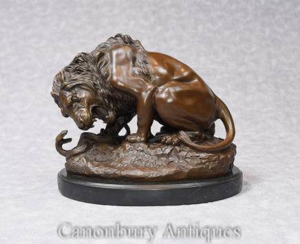 French Bronze Lion Kill Snake Statue by Barye
