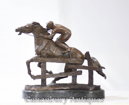 French Bronze Steeplechase Horse and Jockey Statue