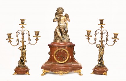 French Empire Antique Clock Set Garniture Cherub Gilt Candelabras