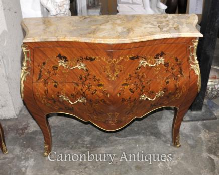 French Empire Bombe Commode Chest of Drawers Floral Inlay