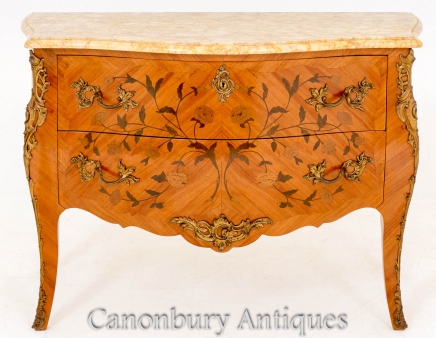 French Empire Marquetry Inlay Bombe Commode Chest Drawers