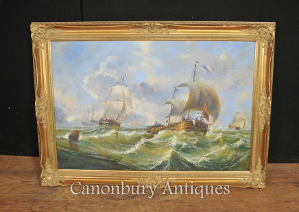 French Oil Painting Sea Scape Maritime Normandy Boats 