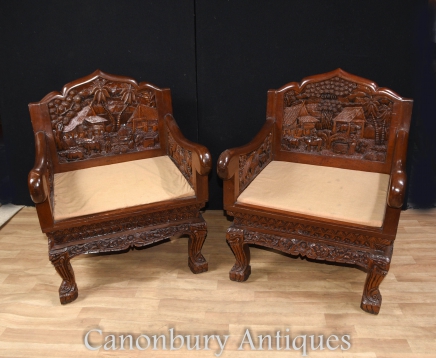Hand Carved Chinese Hardwood Chairs and Coffee Table Set