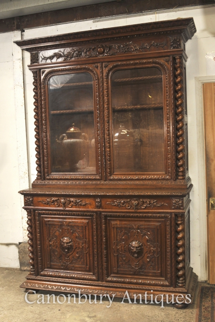 Large Antique Oak Cabinet Bookcase Farmhouse Barley Twist 1880