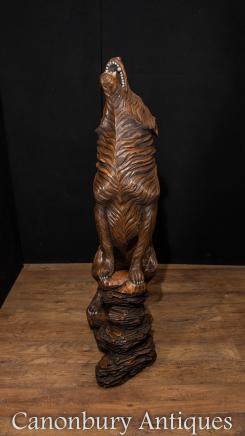 Large Hand Carved Black Forest Howling Wolf Statue Dog Wolves
