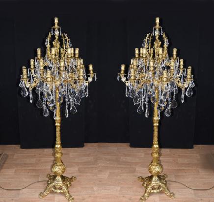 Ornate Pair Louis XVI Gilt Candelabras Floor Lamps