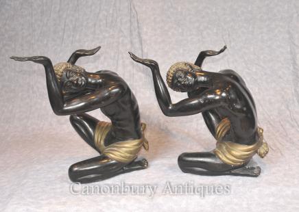 Pair Antique Bronze Blackamoor Statues Coffee Table Supports
