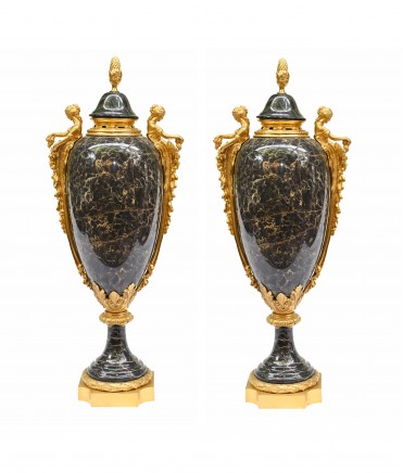 Pair Antique French Urns Marble Cassolettes Amphora 1890