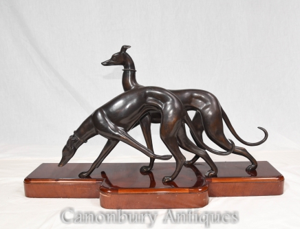 Pair Art Deco Bronze Greyhounds Dog Greyhound Mahogany Base