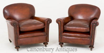 Pair Art Deco Club Chairs Leather Arm Chair 1930