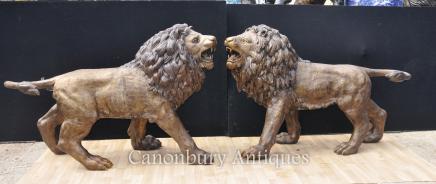 Pair Big Bronze Lions Lion Cat Statues Landseer Gatekeepers Medici
