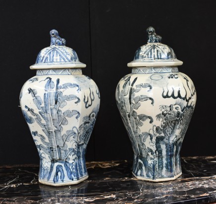 Pair Blue and White Porcelain Temple Jars Ming Foo Dogs