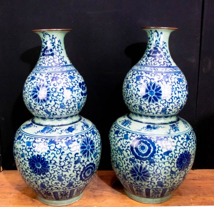 Pair Blue and White Porcelain Vases - Ming Double Gourd Urns