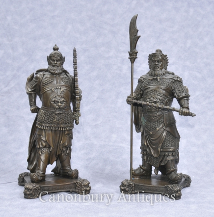 Pair Bronze Japanese Samurai Warrior Statues Military Art