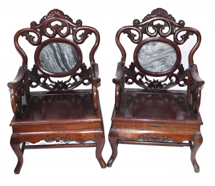 Pair Carved Chinese Arm Chairs - Antique Hardwood