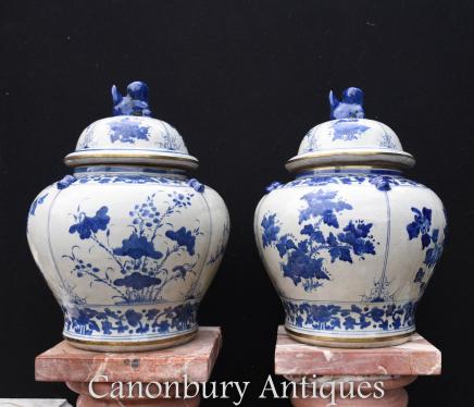 Pair Chinese Blue and White Porcelain Vases Lidded Urns Kangxi