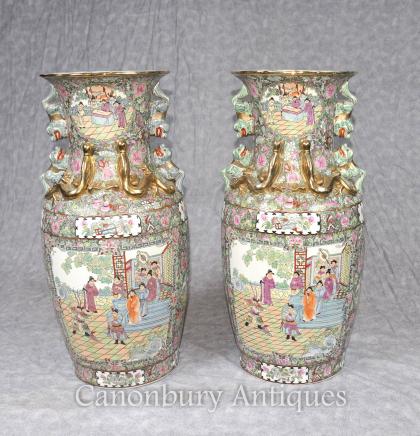 Pair Chinese Cantonese Vases Urns Painted Foo Dogs Canton