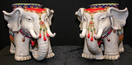 Pair Chinese Elephants - Porcelain Chinaware Famille Rose