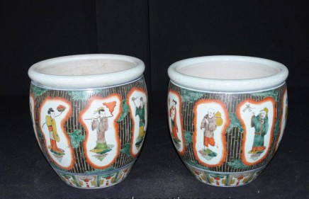 Pair Chinese Famille Noire Planters Pots Ceramic Urns Painted Figurine