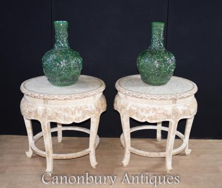 Pair Chinese Occasional Tables - Round Hand Carved Bone Table