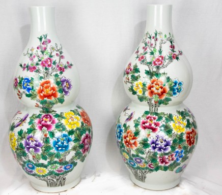 Pair Chinese Porcelain Vases - Double Gourd Floral Urns