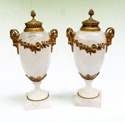 Pair French Cassolettes Urns Rock Crystal Gilt 1860
