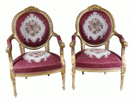 Pair French Empire Arm Chairs - Gilt Fauteuils