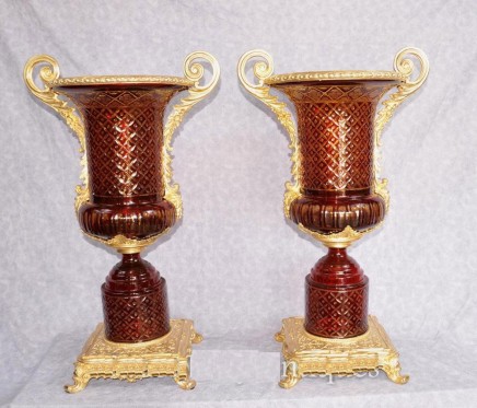 Pair French Empire Cut Glass Urns Vases Classical Campana Planter