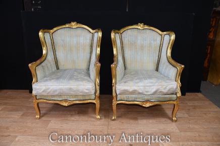 Pair French Empire Gilt Tub Arm Chairs Fauteuils
