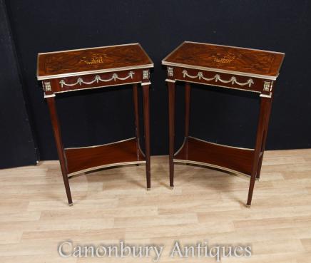 Pair French Empire Side Tables Marquery Inlay