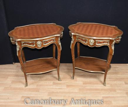 Pair French Empire Side Tables Parquetry Inlay