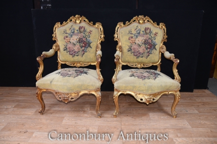 Pair French Louis XVI Gilt Arm Chairs Embroidered Upholstery Fauteuils