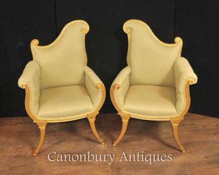 Pair French Louis XVI Gilt Arm Chairs Fauetuils