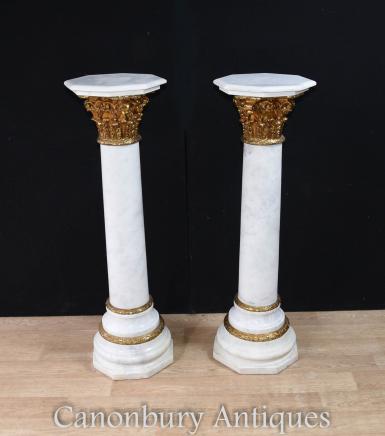 Pair French Marble Empire Pedestal Stand Tables Corinthian Column