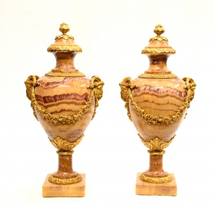 Pair French Marble Urns Cassolettes Decorative Empire Amphora Vase