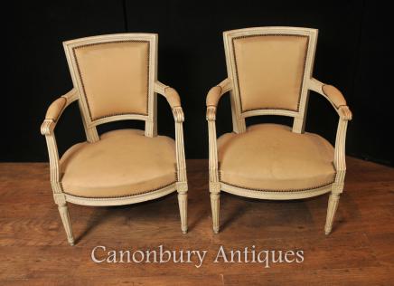 Pair French Neo Classical Arm Chairs Fauteuil Painted Chair
