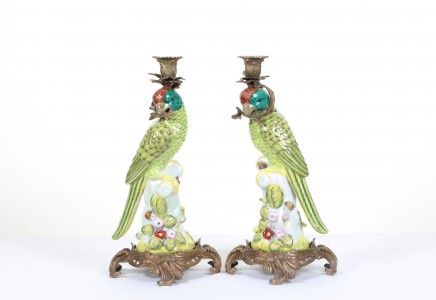 Pair French Parrot Candelabras Porcelain and Ormolu Candles