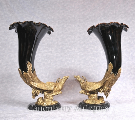 Pair French Porcelain Eagle Cornucopia Horn Of Plenty Vases Ormolu