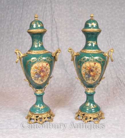 Pair French Sevres Floral Porcelain Vases Urns 