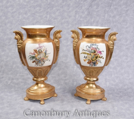 Pair German Dresden Porcelain Floral Vases Urns