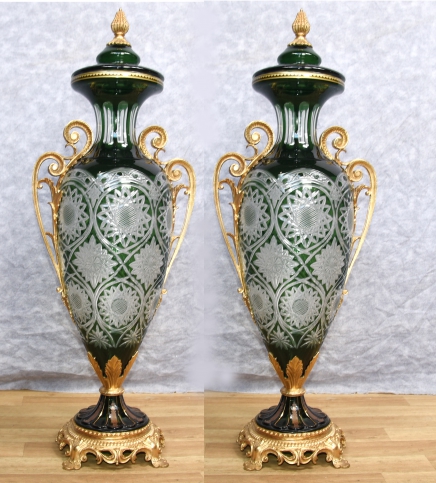 Pair Green Cut Glass French Louis XV Lidded Urns Vases