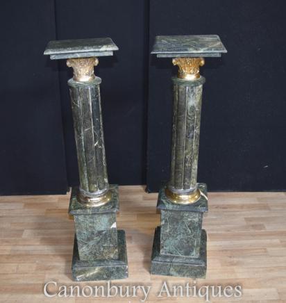 Pair Green Marble Empire Pedestal Stands French Column Tables