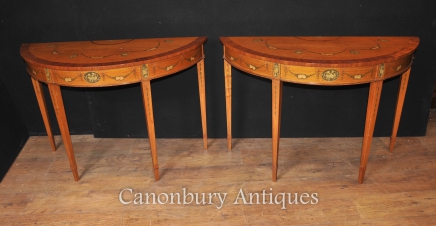 Pair Hepplewhite Demi Lune Painted Console Tables Satinwood