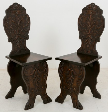 Pair Italian Hall Chairs Hand Carved Lime Wood Circa 1890