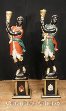 Pair Italian Venetian Blackamoor Figures Painted Circa 1930 Torcheres