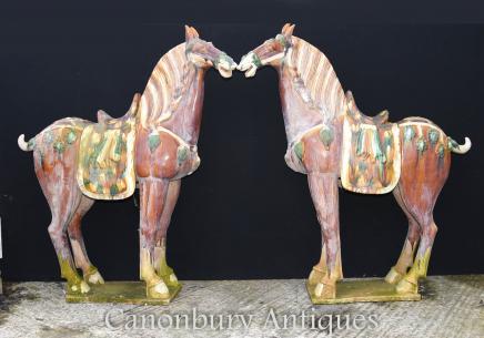 Pair Large Chinese Porcelain Tang Horses Pony Ceramic China Horse