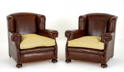 Pair Leather Club Chairs Victorian Antiques 1900